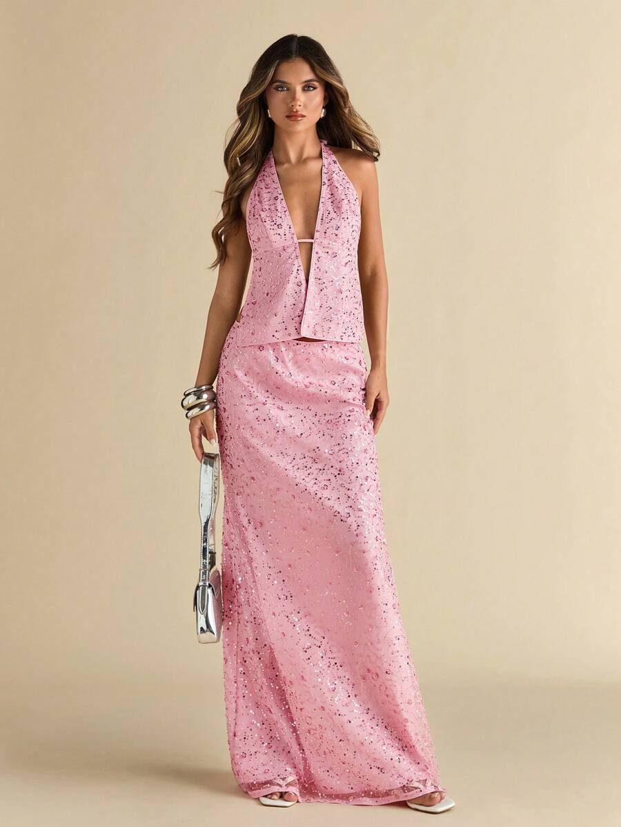 SHEIN BAE Damen Frühlings- und Sommer-Top mit schweren, glänzenden rosa Pailletten, Perlen, rückenfreiem Träger-Neckholder/Strandurlaubs-Top/Sommer-Tops/Rückenfreies Top/Pailletten-Top/Rosa Top