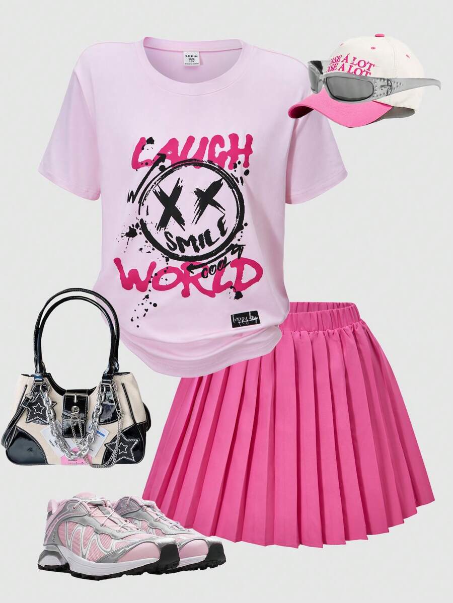SHEIN ChillGRL 2pcs/Set Tween Girl Printed Top And Pleated Mini Skirt Set - Hot Pink - View 1