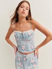 Nöista 带有褶边细节和蝴蝶结的花卉紧身胸衣式上衣 - 让您尽享清新、阳光的春夏氛围。 - 藍色 - 查看 4