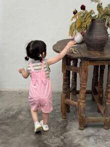 SHEIN 2pcs Baby Girls Casual Cute Bunny Print Colorful Striped Sleeveless Top And Shorts Set, For Daily Wear, Holiday, Outdoor Activity, Spring/Summer - Pink - View 6