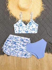 Set de 3 piezas de bikini con estampado floral y falda, traje de baño de verano - Multicolor - Ver 3