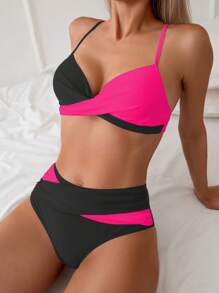 Swim Lushoire Women Color Block Spaghetti Strap Swimsuit With Triangle Swim Bottoms Set For Summer Beach Vacation - Multicolor - View 3