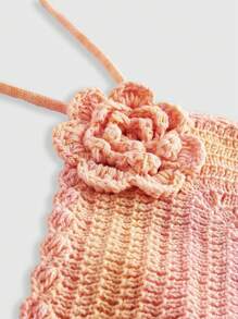 ROMWE Rétro Y2K Dégradé de coucher de soleil Décoration florale rose 3D au crochet fait main Tricot Débardeur à encolure ras-du-cou - Rose bonbon - Voir 5