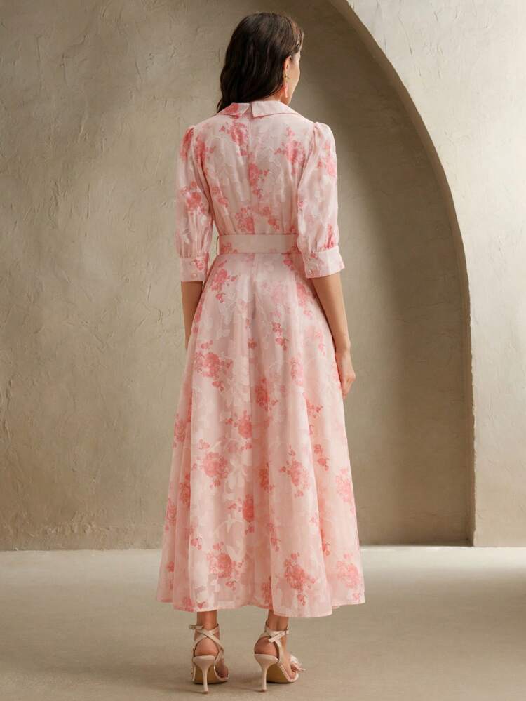 Romantic Jacquard Jacquard 3/4 Sleeve V-Neck Midi Dress With Belt, Vacation Style, Suitable For Valentine's Day