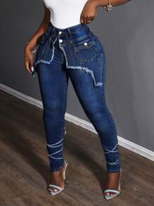 Slaydiva Women's Distressed Detail Skinny Fashion Jeans - Dark Wash - View 5