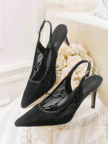 CUCCOO HITCHD Women's Embroidered Lace Pointed Toe Stiletto Heels, Elegant Romantic Black Mesh Formal Dress Shoes, Bridal Wedding Bridesmaid High Heels, Fashion Party/Banquet Shoes - Black - View 1