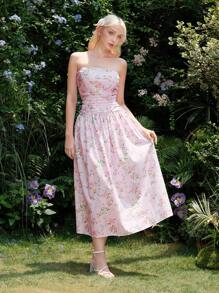 SHEIN MOD 花卉印花褶饰紧身胸衣优雅夏季度假茶会连衣裙 - 彩色 - 查看 3