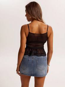 SHEIN BAE 女式夏季纯色网眼系带荷叶边吊带背心 - 黑色 - 查看 2