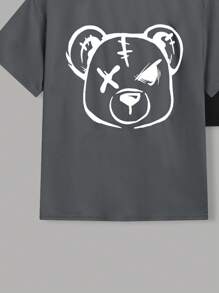 SHEIN Set de 3 camisetas de manga corta de punto holgado con estampado de oso en estilo coreano/japonés para niño preadolescente, 3 colores - Gris - Ver 6
