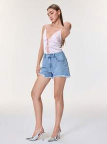 SHEIN Frenchy Shorts de mezclilla desgastados y rasgados de verano informales para mujer - Azul - Ver 3