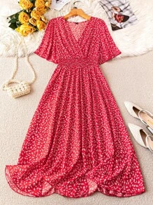 SHEIN Clasi Vestido rojo de manga corta con estampado floral pequeño en línea A con cinturón para mujer de talla grande, para verano - Multicolor - Ver 1