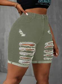 Slaydiva Plus Size Women Casual Street Style Elastic Ripped Denim Shorts, Autumn - Green - View 4