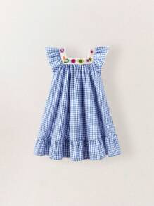 SHEIN Young Girls' Pastoral Plaid Crochet Embroidered Floral Ruffle Trim Cap Sleeve Dresses - Multicolor - View 9