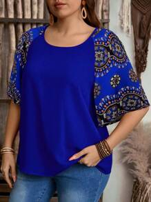 EMERY ROSE 加大码圆领短袖休闲衬衫，波西米亚风夏季，西部风，度假风 - 寶藍色 - 查看 6