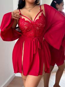 SHEIN 加大码网状长袍套装，带蕾丝杯，透视性感高开衩吊带长袍，迷人内衣