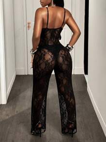 BamGleam Macacão feminino transparente de renda, roupa de verão da moda - Preto - Ver 2