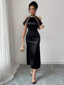 Chiquease Váy không tay viền ren vàng tua rua lãng mạn thanh lịch dành cho nữ - màu đen - Xem 4