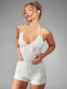 Missguided x Playboy Ribbed Jumpsuit Workout Unitard Athletic Romper Short Sleeve Training Ballet Dance Gym Wear Bodysuit Activewear Performance Sport Exercise Apparel - Light Grey - View 4