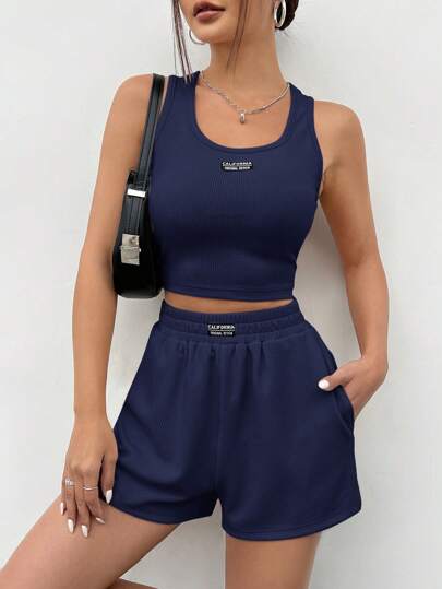 SHEIN EZwear Set Atasan Tank Tanpa Lengan Rajut Warna Biru Tua untuk Wanita, Musim Panas