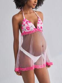 Camiseta de maternidad con triángulo de copa transparente y románico floral, copa plegable con encaje y parches en rosa, adecuada para el embarazo, la lactancia, las vacaciones y sesiones fotográficas