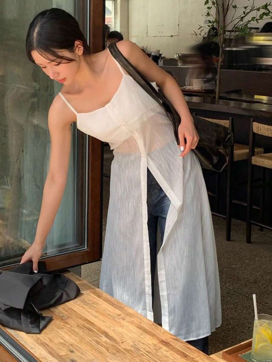 DAZY 女士纹理面料长款白色吊带背心，春夏