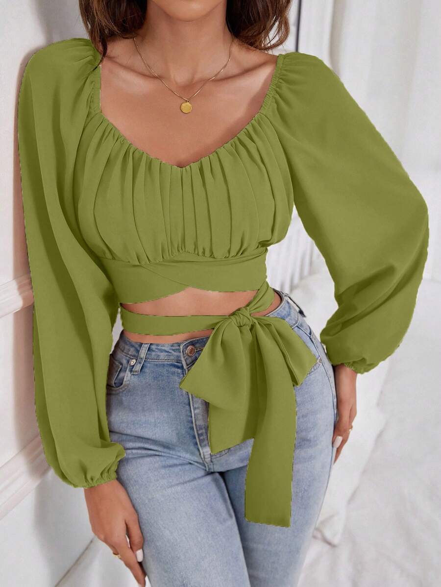 SHEIN Unity Women's Solid Color Sweetheart Neck Pleated Waist Twist Lantern Sleeve Blouse - Olive Green - View 1