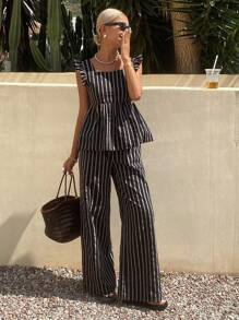 Livesso 女士条纹吊带背心和阔腿裤两件套，春夏 - 藍色 - 查看 1
