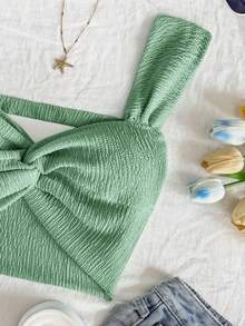 Soleia 女式蓝色针织金属纱扭结前露背短款上衣，度假风格 - 薄荷綠 - 查看 6