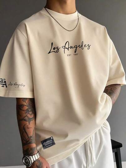 Manfinity EMRG Men's Casual Letter Print Short Sleeve T-Shirt, Summer Los Angeles T-Shirt Streetwear Streetwear Graphic Tee, 4th Of July