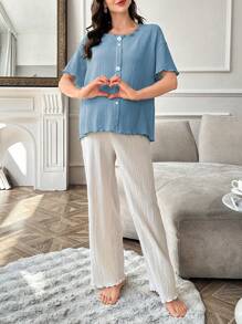 Solid Color Asymmetrical Button Short Sleeve & Pants Maternity Pajama Set