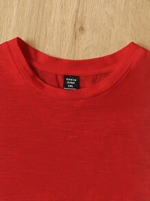 SHEIN EZwear 加大码女式红色圆领棉质拼布A字形多莉T恤，荷叶边上衣 - 紅色 - 查看 3