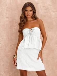 SHEIN BAE Spring/Summer Solid Green, Sage Color Hollow Tie-Front Camisole Top, Jacquard Texture Casual Vacation Tank Top - White - View 3