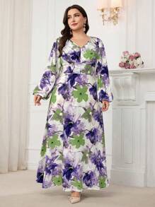 Modelyn 大码女式花卉印花灯笼袖优雅连衣裙，度假风格 - 彩色 - 查看 4