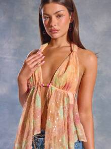 MUSERA 露背系带亮片不对称下摆上衣，伊比沙岛Y2K酷女孩音乐节锐舞度假俱乐部可爱假日外出上衣性感秋冬春夏 - 彩色 - 查看 2