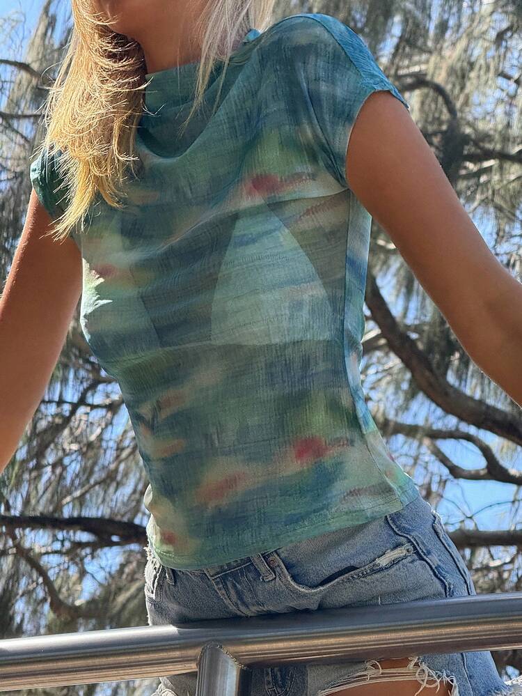 Asymmetrical Tie-Dye Elastic Mesh Short Sleeve Women Top