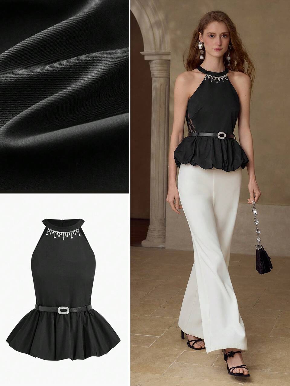RHINESTONE CONTRAST LACE PEPLUM TOP