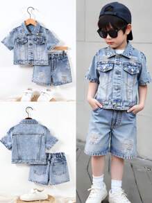 SHEIN 4-7yrs Young Kids Ripped Short Sleeves Tucker Denim Jacket&Ripped Denim Shorts Two Pieces Set,Light Blue,Button Closure,Summer Urban Street Fashion - Medium Wash - View 10