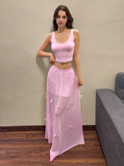 Sweetina Heavy Oversize Bow Detachable Adjustable Waist Pleated Skirt, Pink, Summer For Women