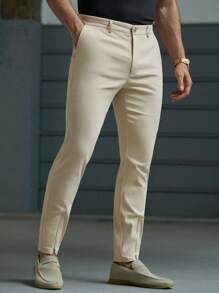 Manfinity BRENVOR Men's Casual Woven Loose Fit Solid Color Elastic Waist Straight Leg Pants, Daily Young Wear