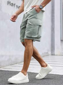 Manfinity Homme Men's Solid Color Drawstring Pocket Casual Cargo Shorts, Summer