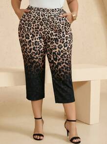 EMERY ROSE Plus Size Women's Elastic Waist Leopard Print Pocket Casual Capri Pants, Summer Fashion, Women's Resort Wear, Women's Brunch Wear, Women's Business Casual Wear, Women's Wedding Guest Dresses, Women's Summer Clothing,Women's Work Clothes - Multicolor - View 6