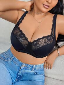 1pc Plus Size Supportive Wireless Lace Patchwork Comfortable Bra For Large Bust - Black - View 5