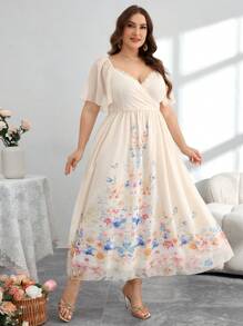 Modelyn Đầm Maxi Chiffon Cinched Eo Thanh Lịch Cho Nữ Cỡ Lớn In Hoa - Màu be - Xem 3