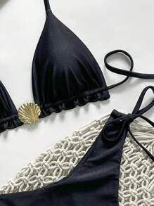Swim Vcay Springbreak Women's Solid Color Spaghetti Strap Metal Shell Decor Tie Side Simple Bikini Set, Summer - Black - View 4