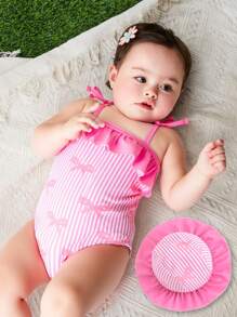 Newborn Girls Swimwear One-Piece Swimsuit For Newborn Girls Spaghetti Strap Bow Trim Swimsuit Knitted Polyester Digital Print Bow Pattern Swimsuit Plus Hat Cute Seaside Swimsuit For Newborn Girls