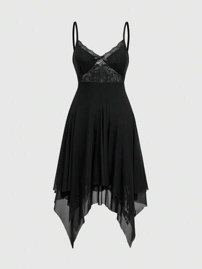 Goth Women's Spaghetti Strap Contrast Lace Asymmetrical Hem Long Dress, Sexy & Mesh