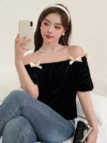 Dazy X KIMYOUJUNG Women Color Blocking Butterfly Decorated Off-Shoulder Short Sleeve Crop Top For Summer,Off Shoulder Top - Black - View 1