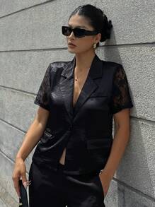 TrendSteals 女士夏季蕾丝拼接翻领露背薄款夹克 - 黑色 - 查看 5