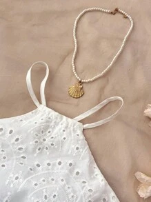 SHEIN Teen Girls Casual/Spring/Summer White Embroidery Halter Backless Dress For Teen Girls,White Graduation Dress,Summer Clothes,Sun Dress,Bohemia,Vacation Dress - White - View 3