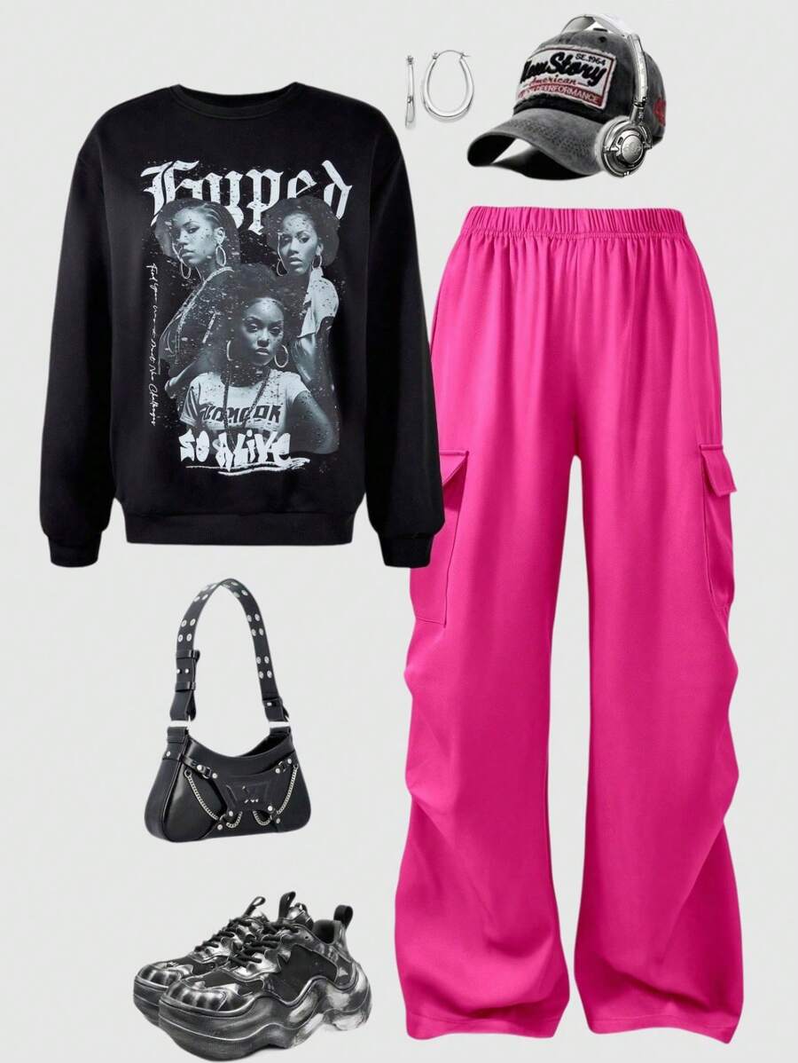 SHEIN Explorewe Teen Girls Street Style Long Sleeve Vintage Print Sweatshirt And Cargo Pants 2 Pieces Set - Black - View 1
